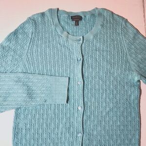Talbots Pima Cotton Cable Knit Cardigan Womens MED Aqua Classic Staple Coastal
